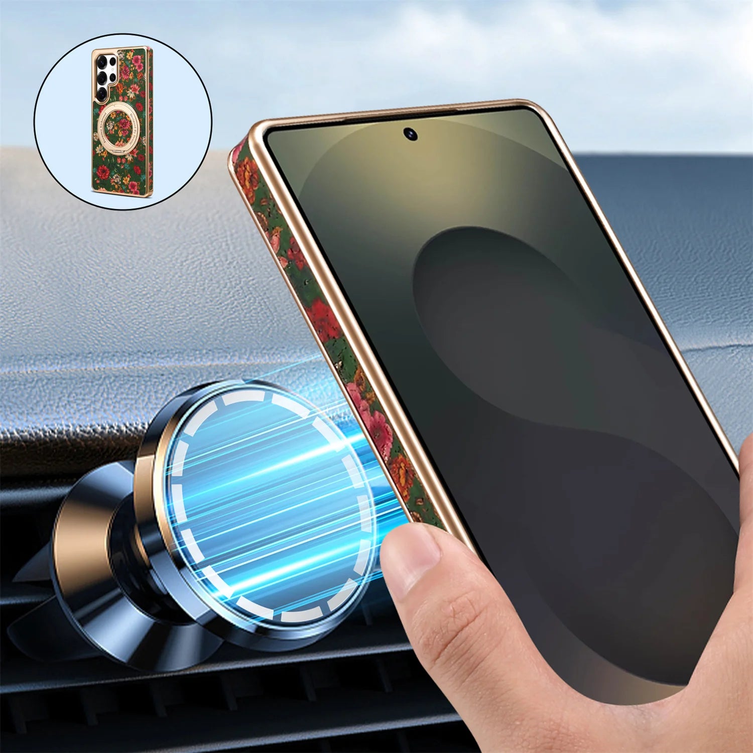 Luxus Blumen Magsafe Hülle mit Ring für Samsung S25