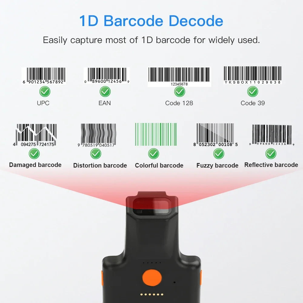 Portable 1D barcode reader with back clip and scan