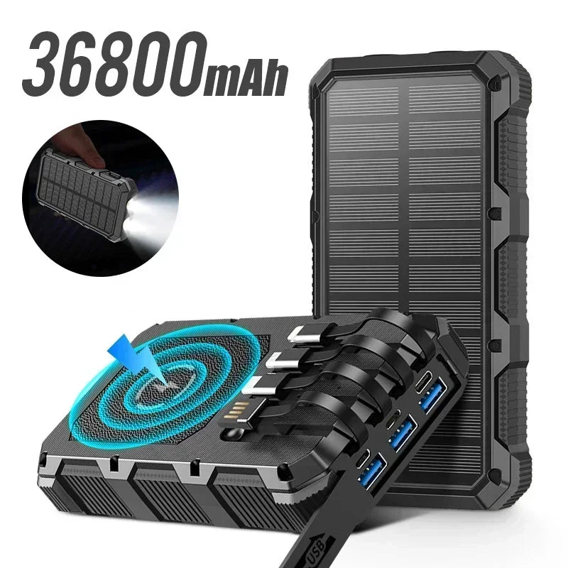 36800mAh Solar Powerbank mit Kabel & Wireless