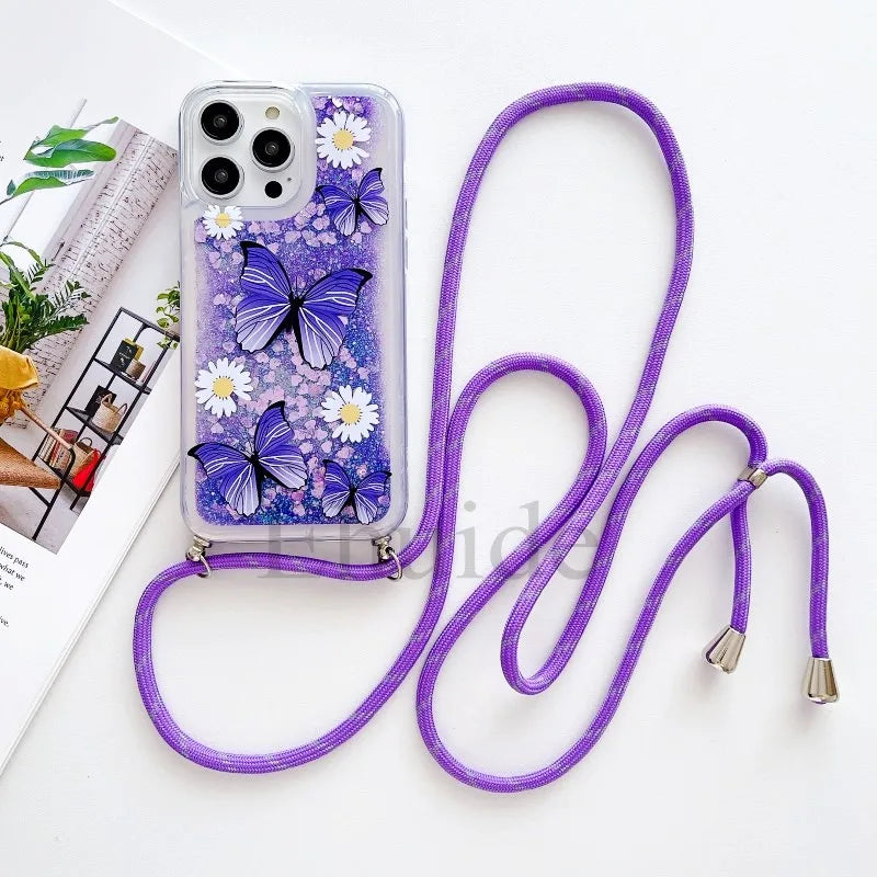 Glitzer Lanyard Hülle für iPhone 17 mit Schmetterling