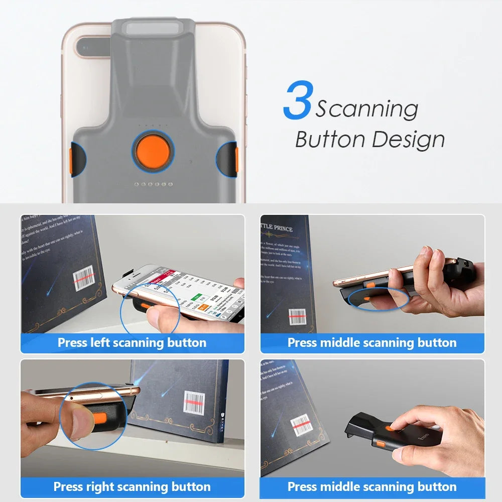 Portable 1D barcode reader with back clip and scan