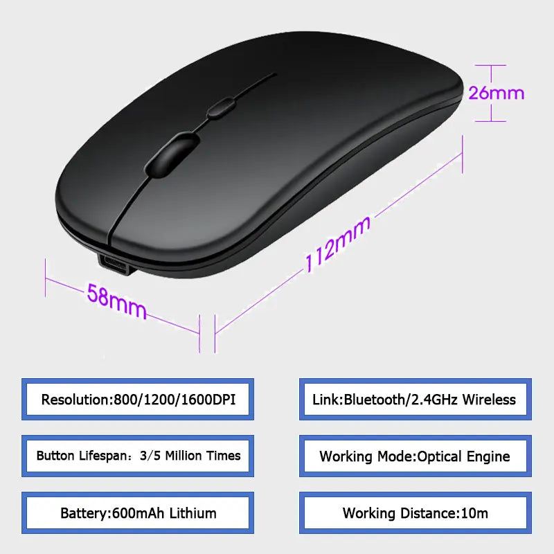 Leise Bluetooth-Maus mit LED, 2.4G, tragbar & präzise