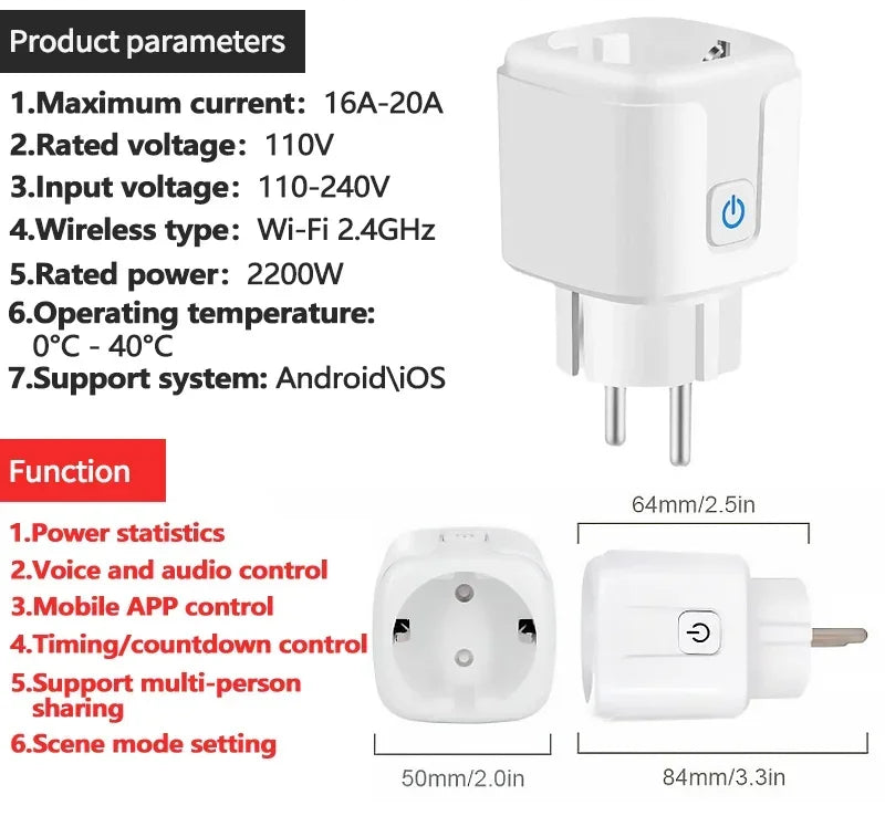 Smart WiFi socket EU 16A/20A with energy meter
