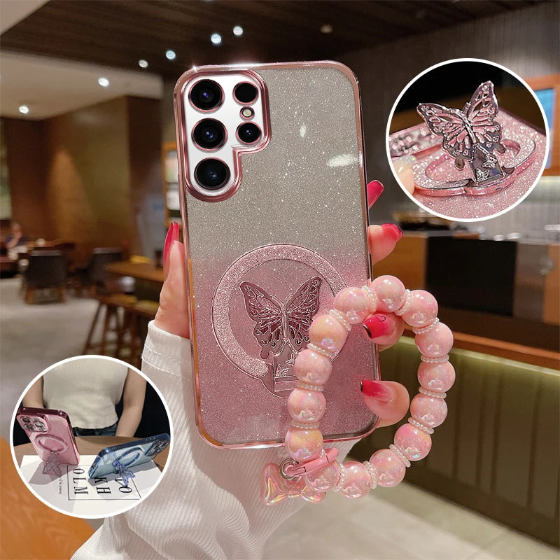 Schmetterling Glitzer Hülle mit Griff für Galaxy S25