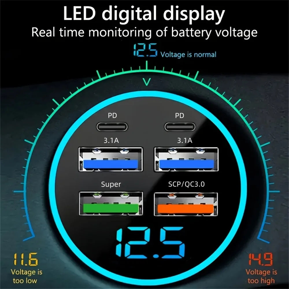 6-in-1 Auto-Schnellladegerät mit Spannungsmonitor