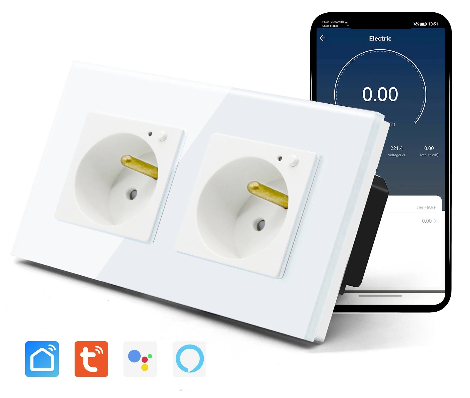 Doppelte Wandsteckdose Glas Panel Smart 16A