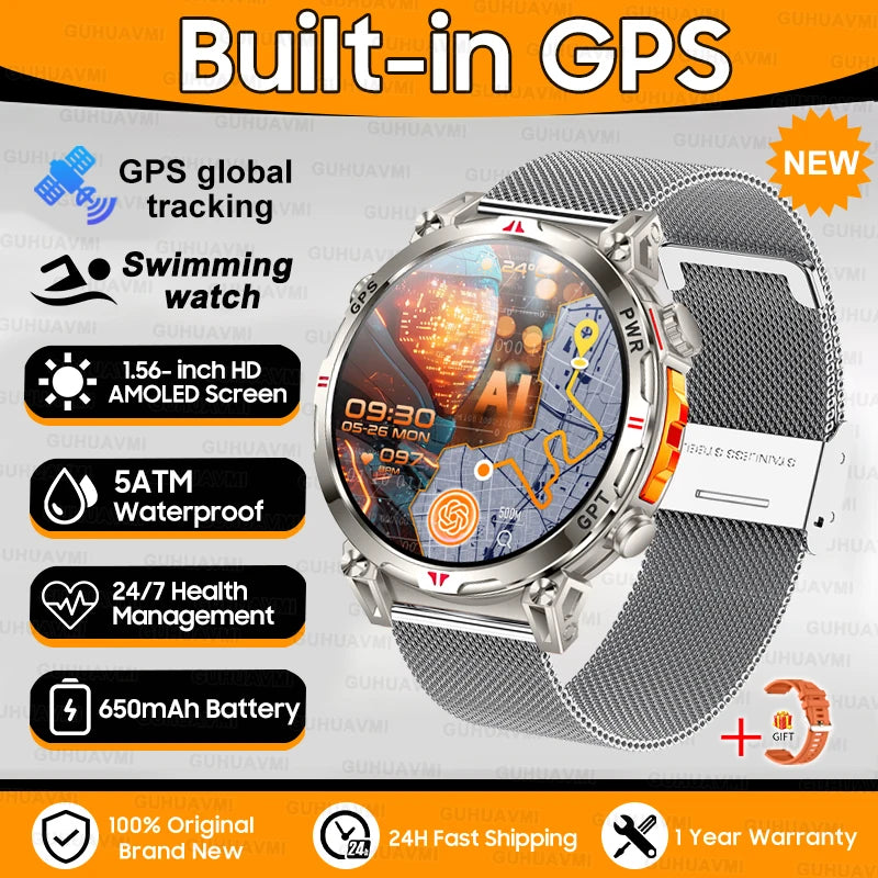 Robuste GPS Militär-Smartwatch 5ATM Dualband Kompass