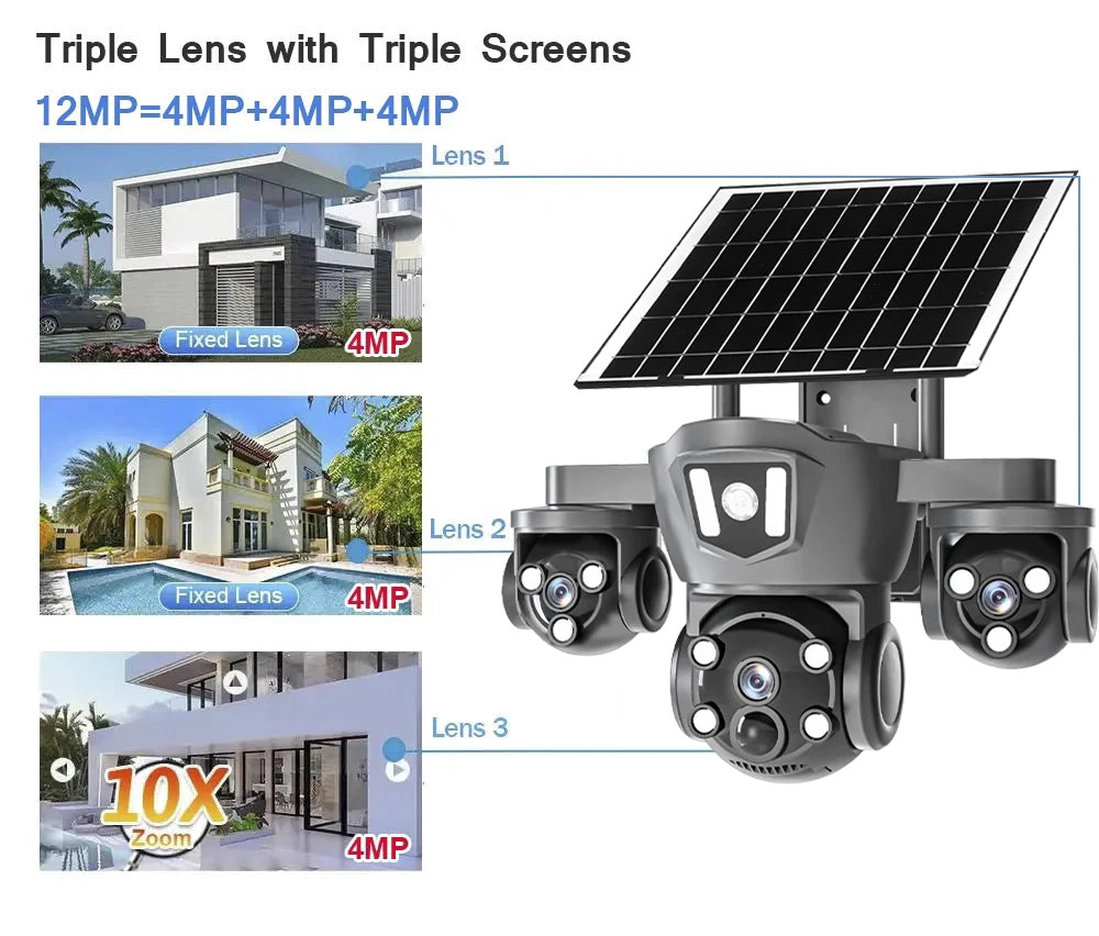 Drahtlose 12MP 4G WLAN Solarkamera mit 3 Linsen