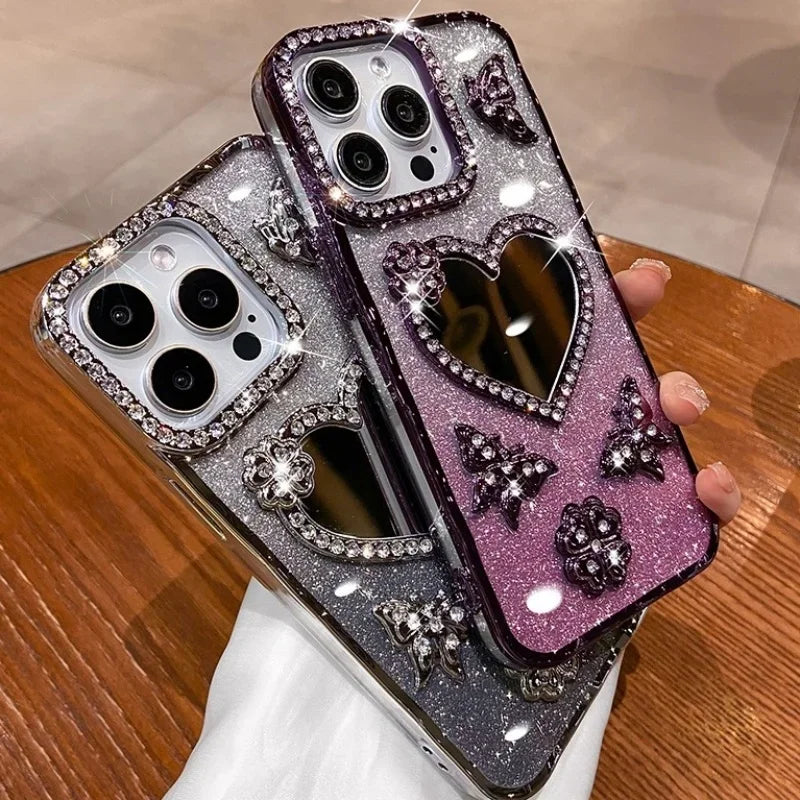 Herz Make-up Spiegelhülle mit Glitzer für iPhone 17