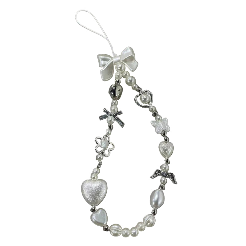 Perlen-Handykette mit Blumen & weißer Schleife