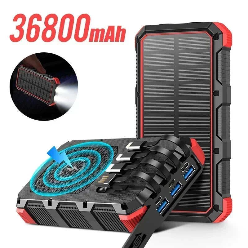 36800mAh Solar Powerbank mit Kabel & Wireless