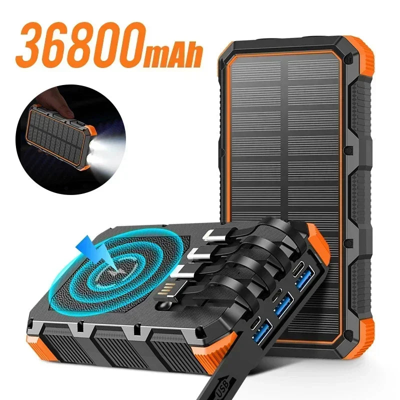 36800mAh Solar Powerbank mit Kabel & Wireless