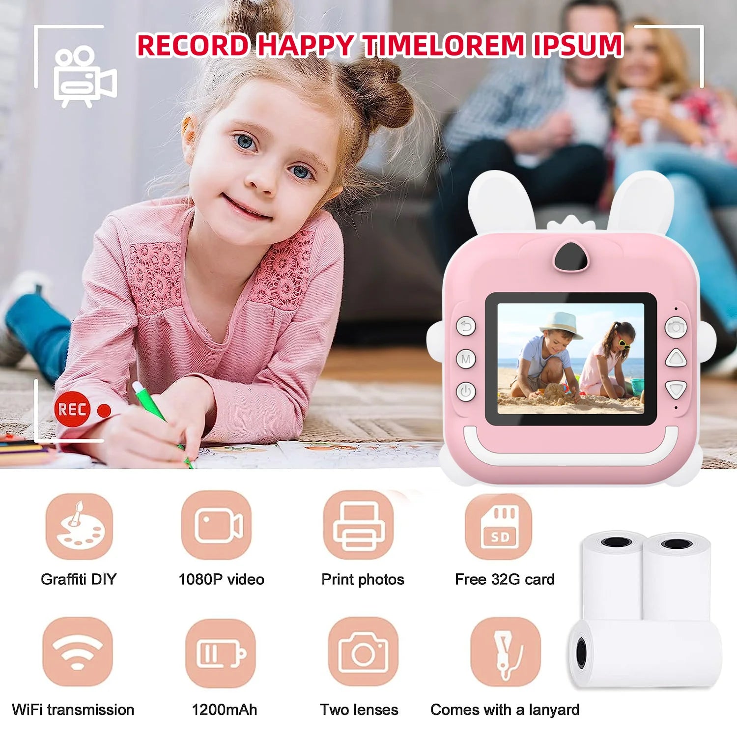 Kinder 1080P HD Digitalkamera Mini Thermodrucker