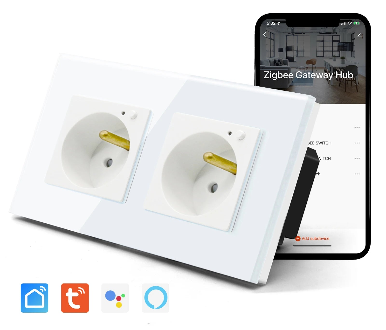 Doppelte Wandsteckdose Glas Panel Smart 16A