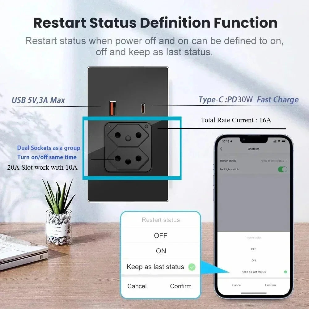 Smart WiFi power outlet Brazil with USB-C 30W