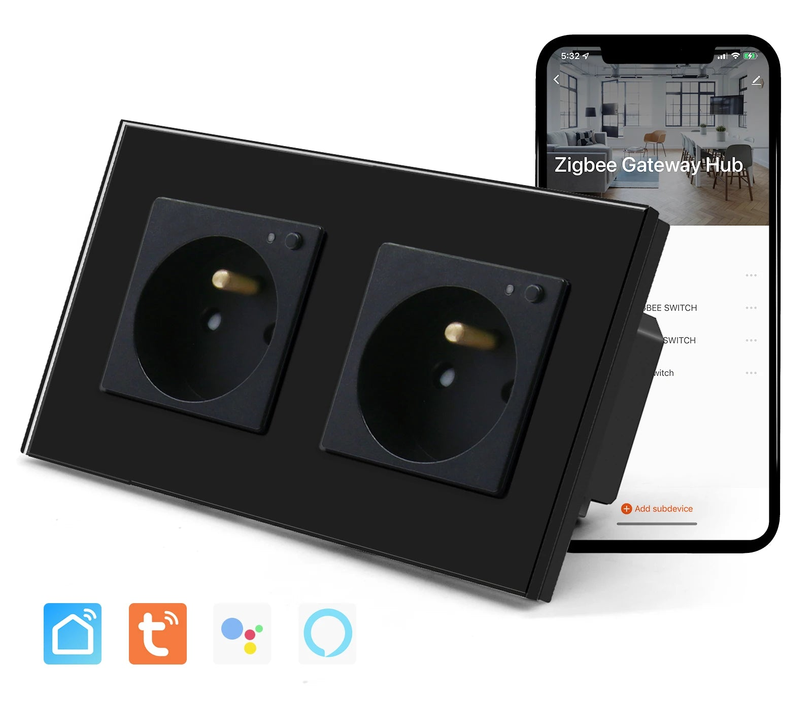 Doppelte Wandsteckdose Glas Panel Smart 16A